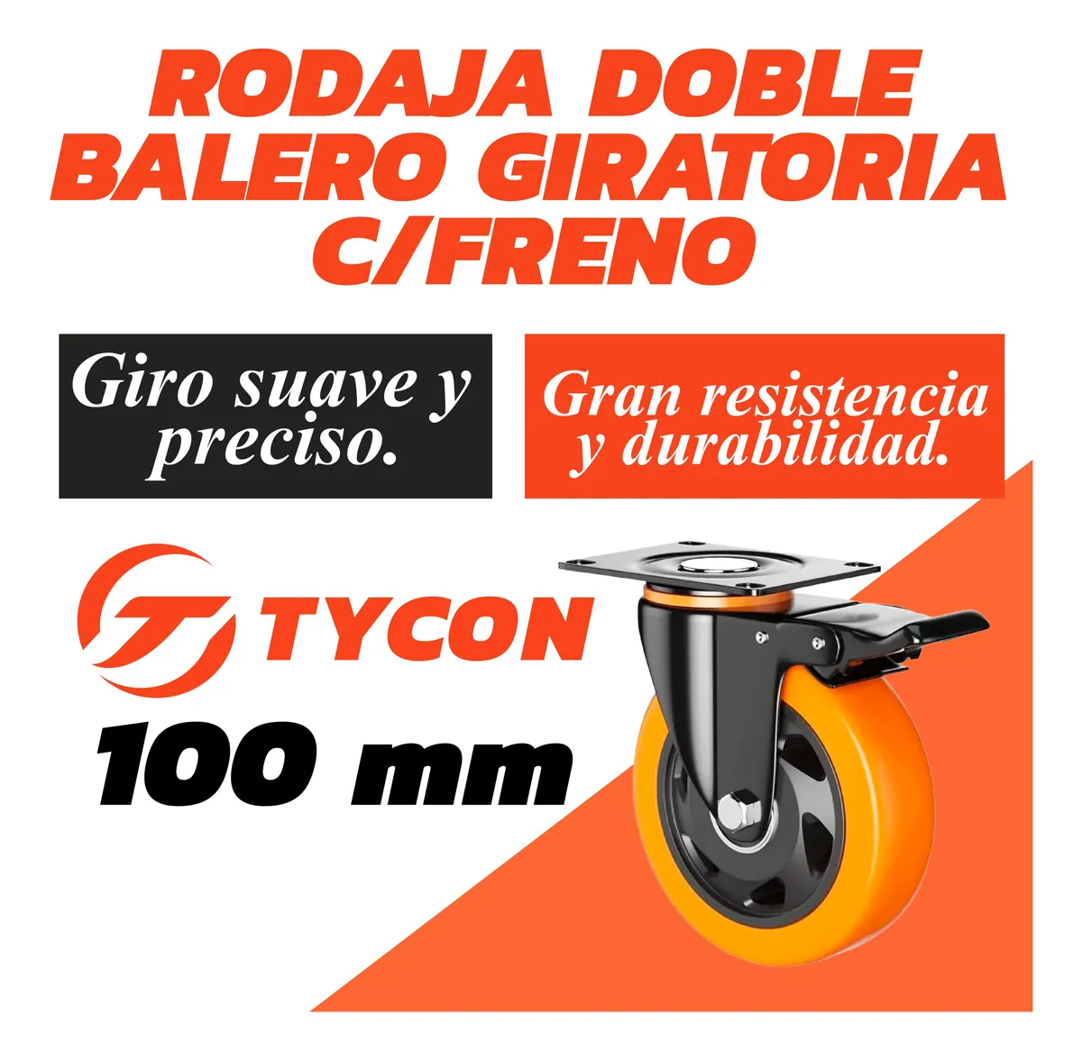 Rodaja Giratoria Rueda 100 mm Doble Balero Con Freno Tycon Naranja