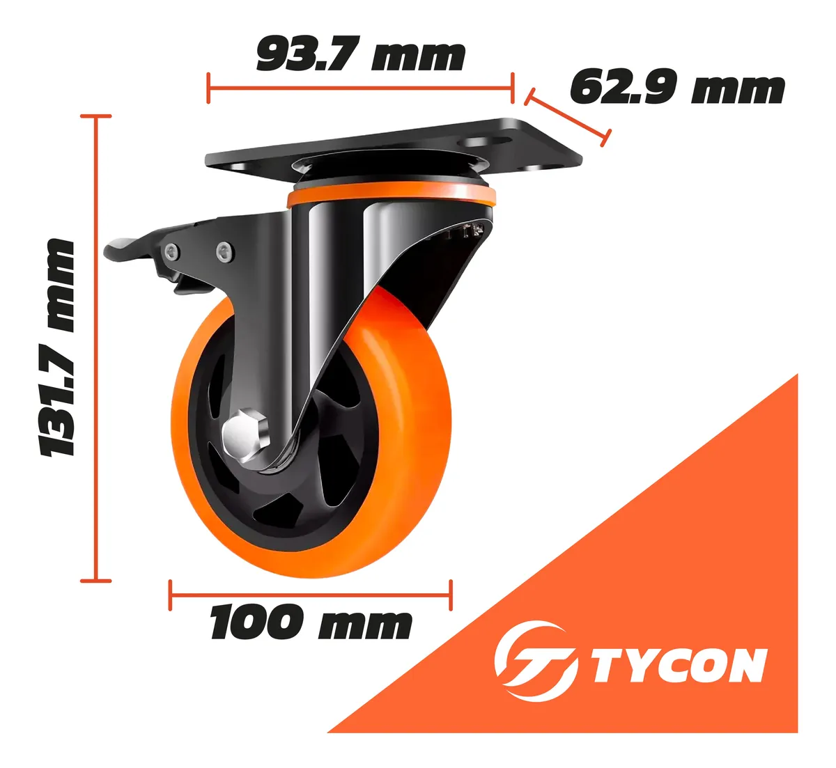 Rodaja Giratoria Rueda 100 mm Doble Balero Con Freno Tycon Naranja