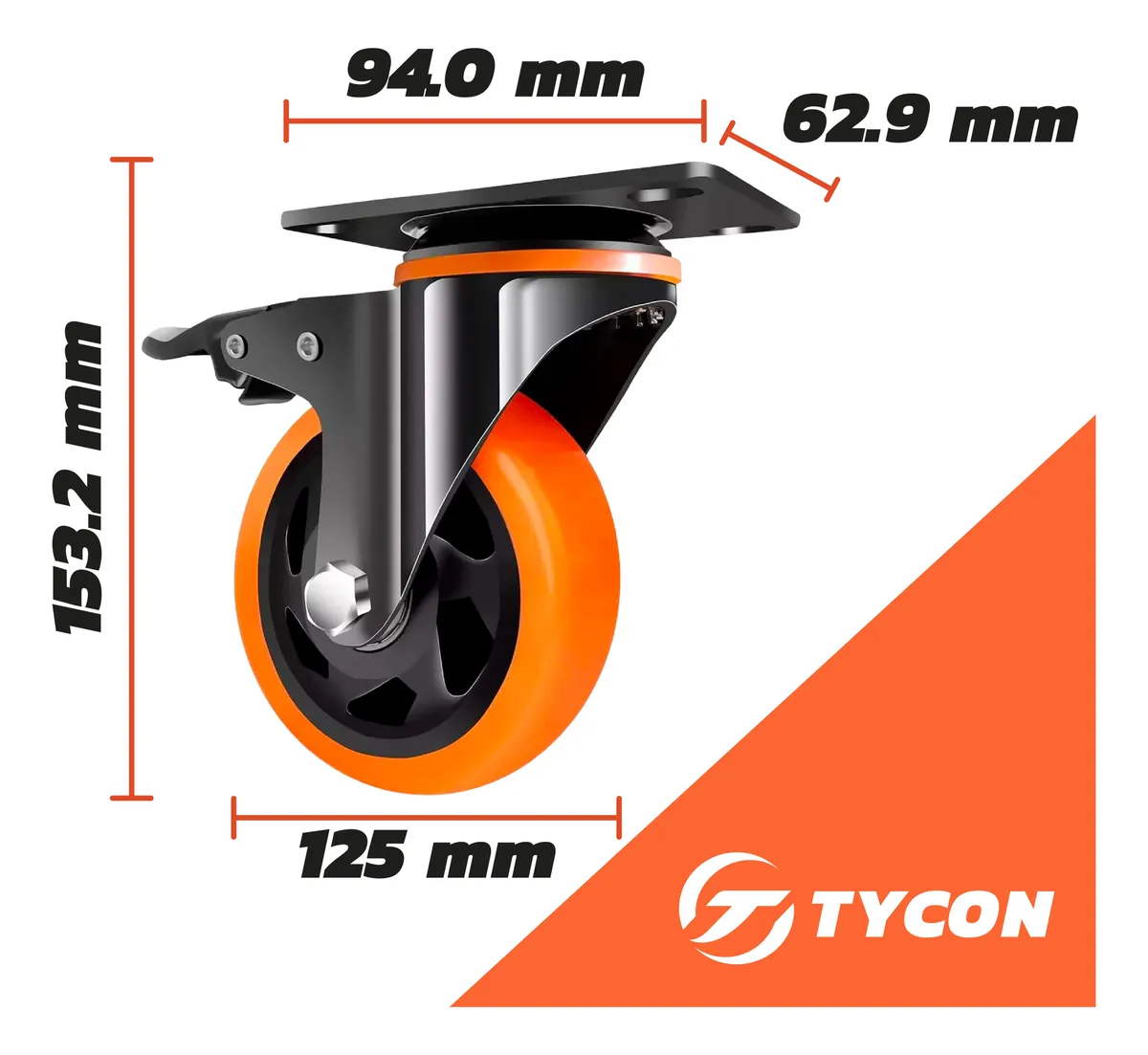Rodaja Giratoria Rueda 125 mm Doble Balero Con Freno Tycon Naranja