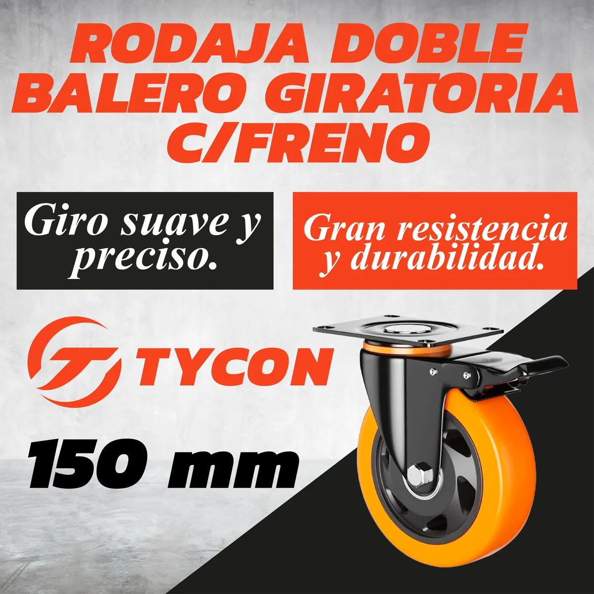 Rodaja Giratoria Rueda 150 mm Doble Balero Con Freno Tycon Naranja