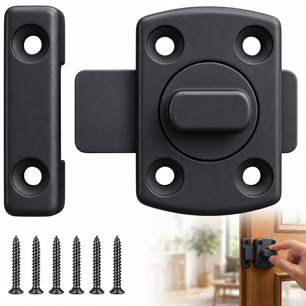 Pasador Cerrojo Giratorio De Seguridad Bidireccional 180° Negro Mate Con Tornillos