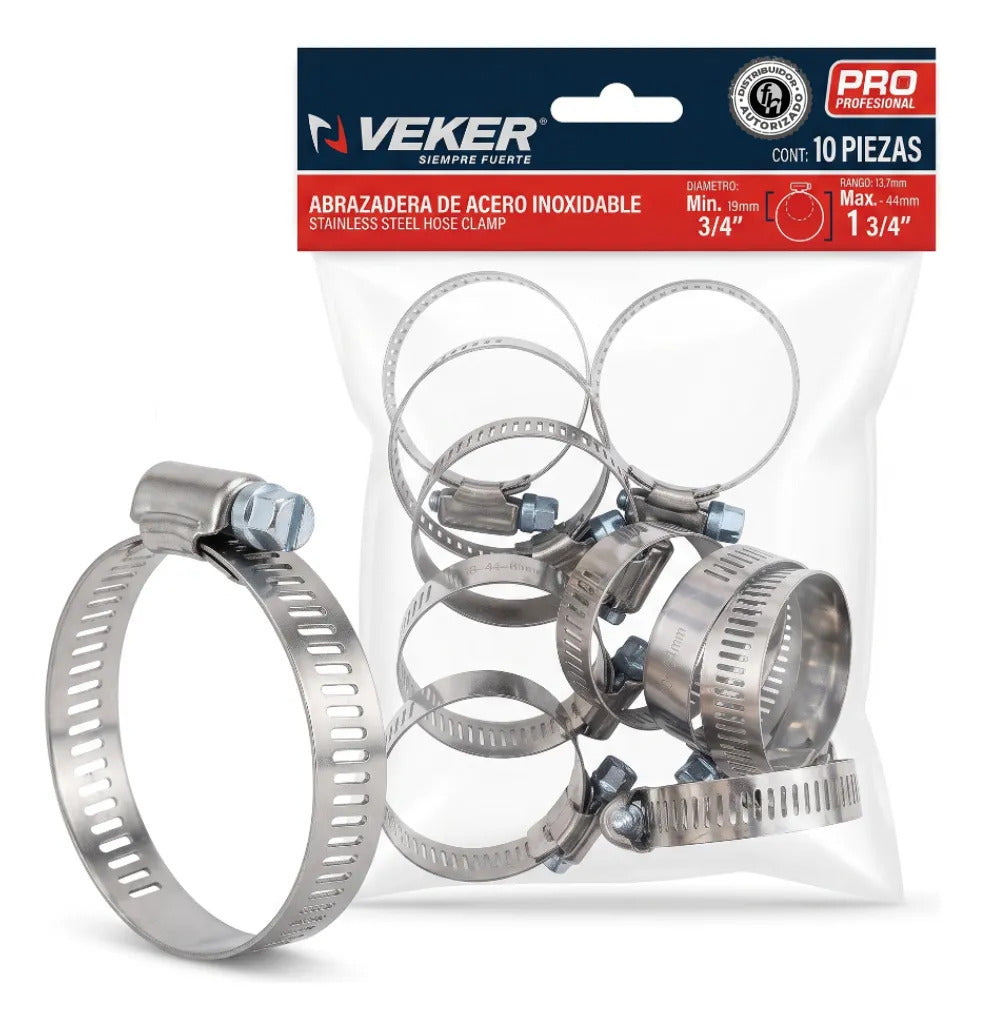 Abrazadera Reforzada 12591 Acero Inox 19-44mm Veker 10pzs