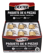Pack 6 Candados Hierro Latón 30mm Gancho Corto Dexter Dorado Alta Seguridad Anti Palanca