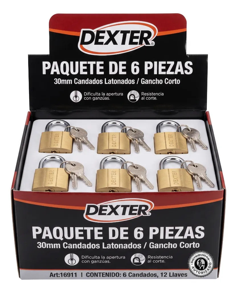 Pack 6 Candados Hierro Latón 30mm Gancho Corto Dexter Dorado Alta Seguridad Anti Palanca