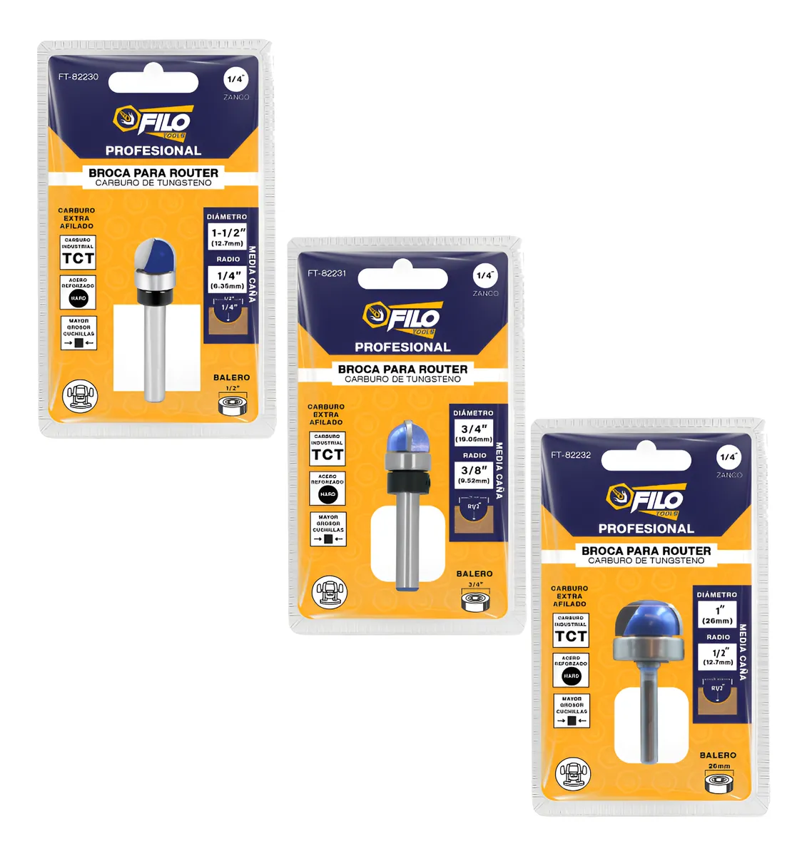 Set 3 Piezas Broca Para Router Rebajadora de Madera Media Caña