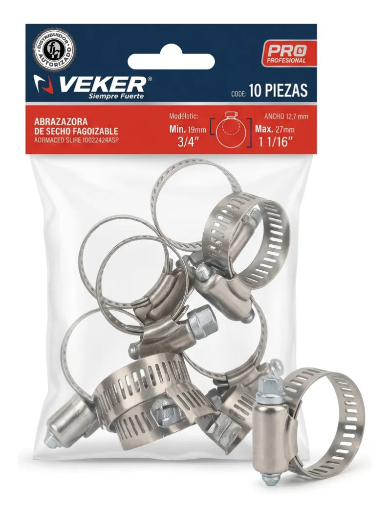 Abrazadera Reforzada 12588 Acero Inox 19 - 27mm Veker 10pzs