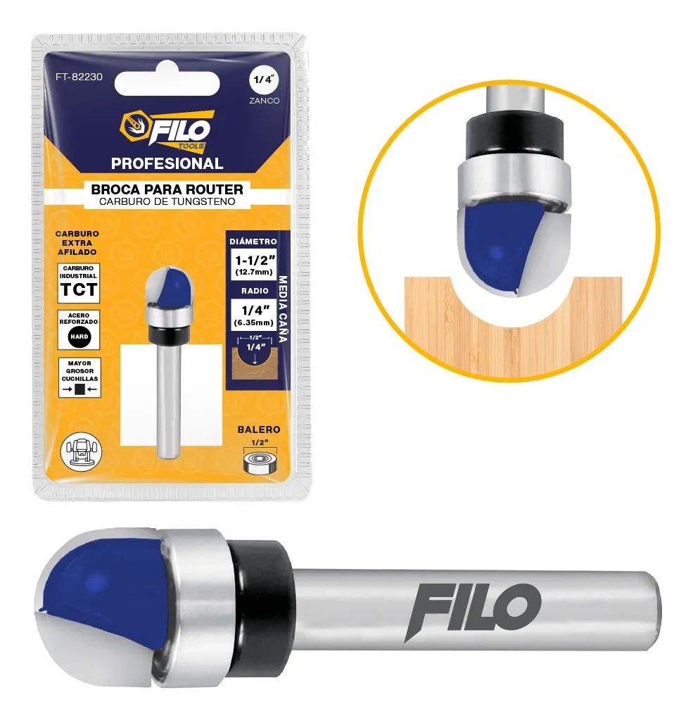 Broca Para Router 1/2'' Rebajadora de Madera Media Caña 1 Pieza