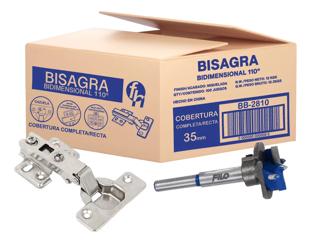 100 Pares Bisagra Bidimensional 35 mm Recta con Broca Ajustable