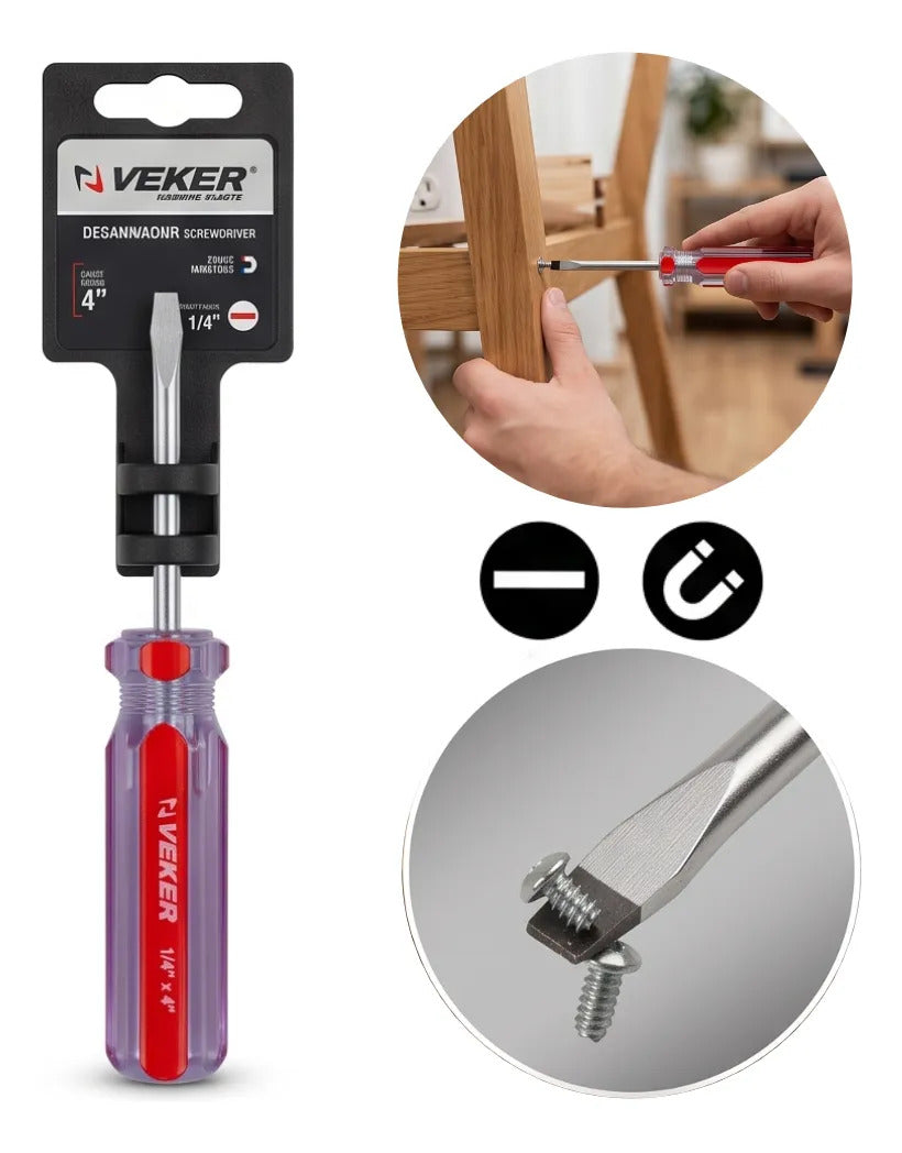 Desarmador Plano Magnético Mango PVC 1/4x4'' Veker 12208 Herramienta Multiusos Destornillador de Precisión Mango PVC Punta Magnética (Copia) (Copia)
