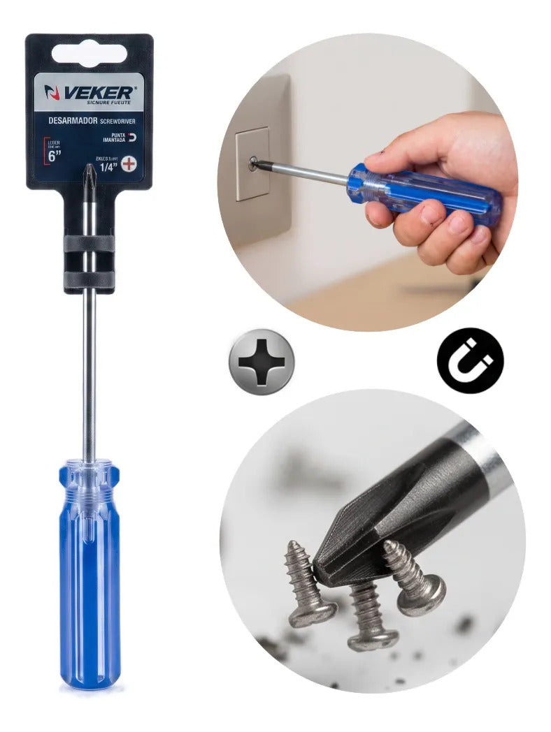 Desarmador De Cruz Magnético Mango PVC 1/4x6'' Veker 12211 Herramienta Multiusos Destornillador de Precisión Mango PVC Punta Magnética (Copia) (Copia) (Copia) (Copia) (Copia)