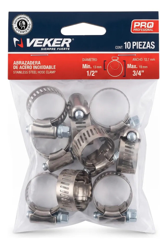 Abrazadera Reforzada 12585 Acero Inox 1/2 - 3/4 Veker 10pzs