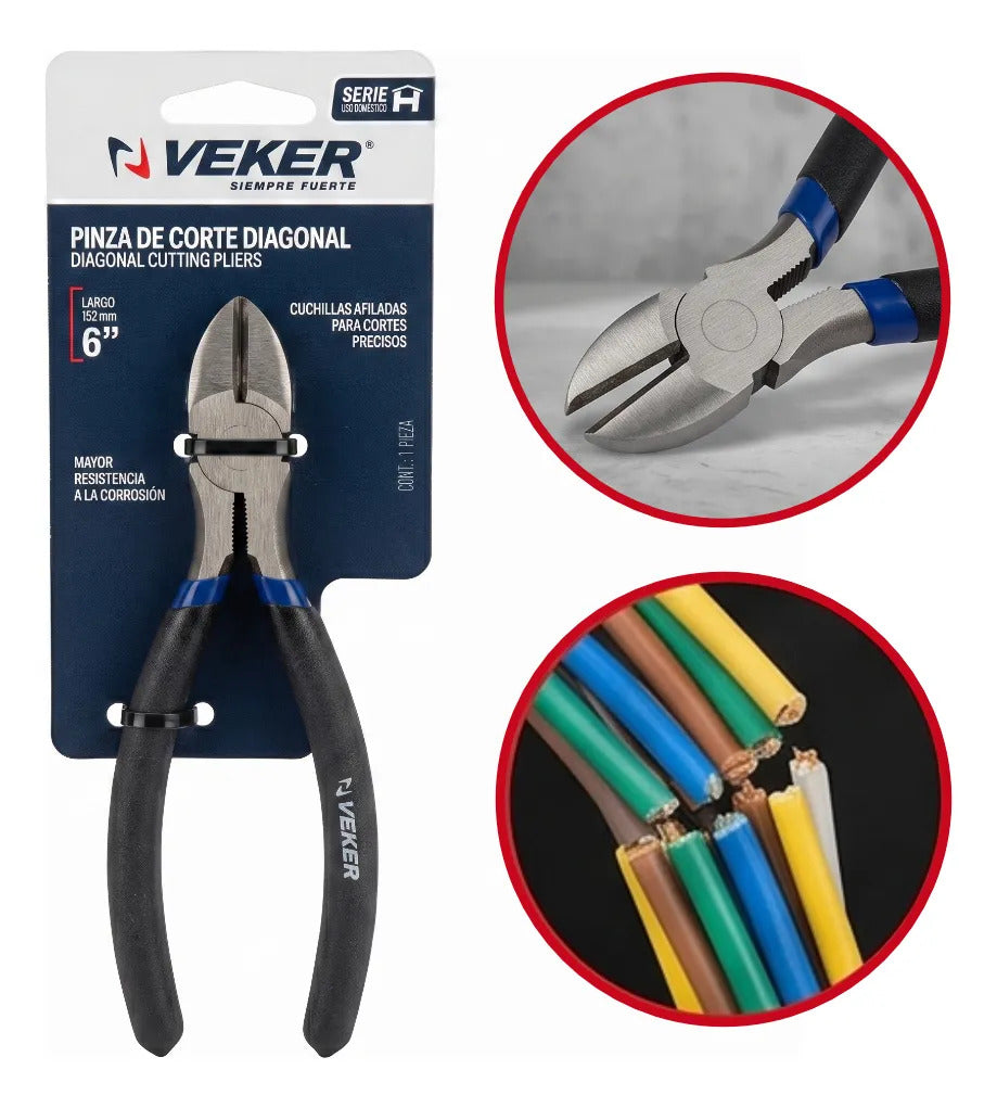 Pinza De Corte Diagonal Cables Y Alambres 6" Pulgadas Veker 12675 Alicate