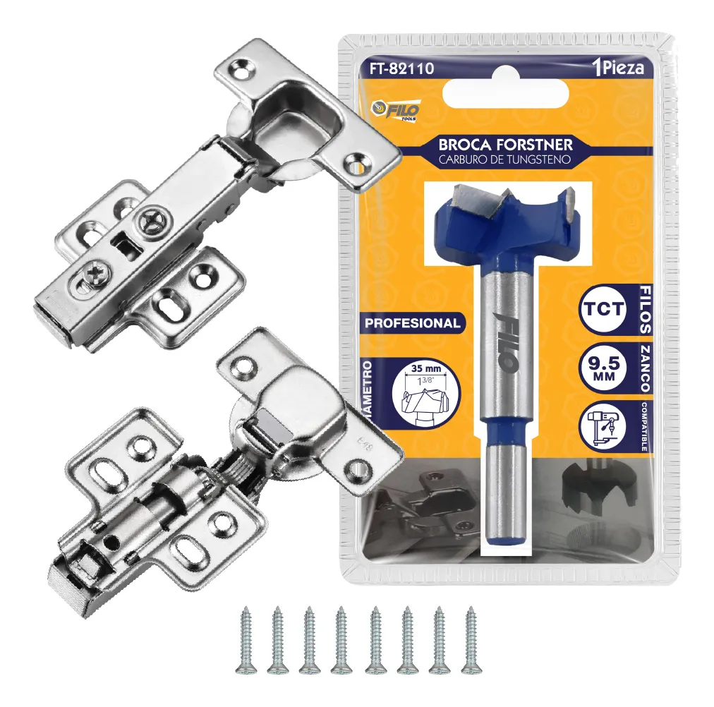 2 Pares Bisagra Bidimensional Cierre Suave 35 mm Recta con Broca Forstner