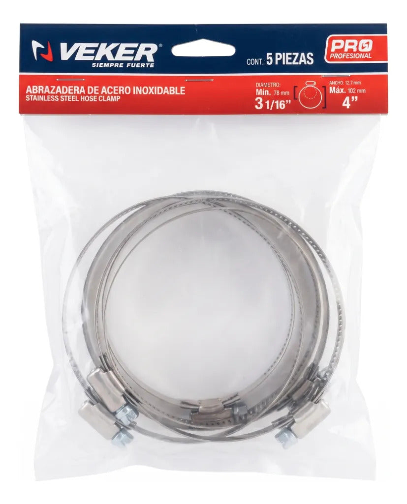 Abrazadera Reforzada Acero Inoxidable 78 - 102mm (5 piezas) Veker 12600