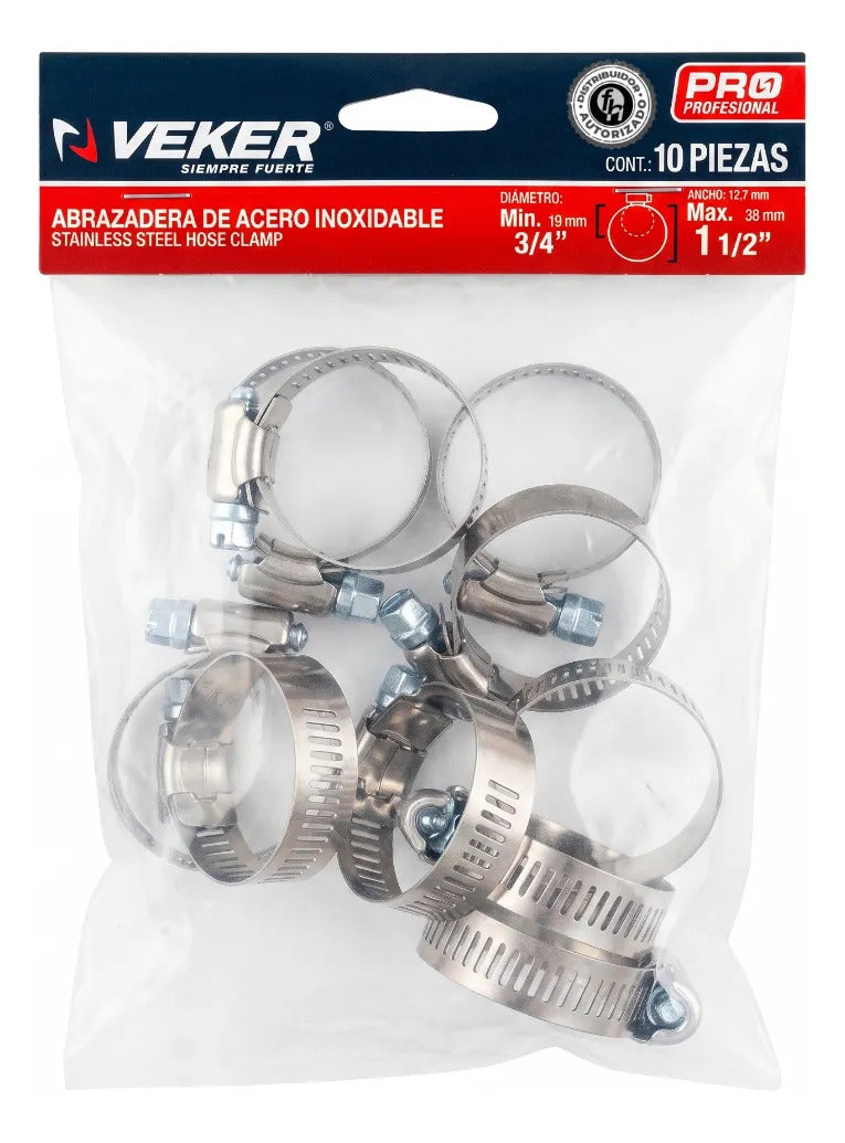 Abrazadera Reforzada 12590 Acero Inox 19-38mm Veker 10pzs