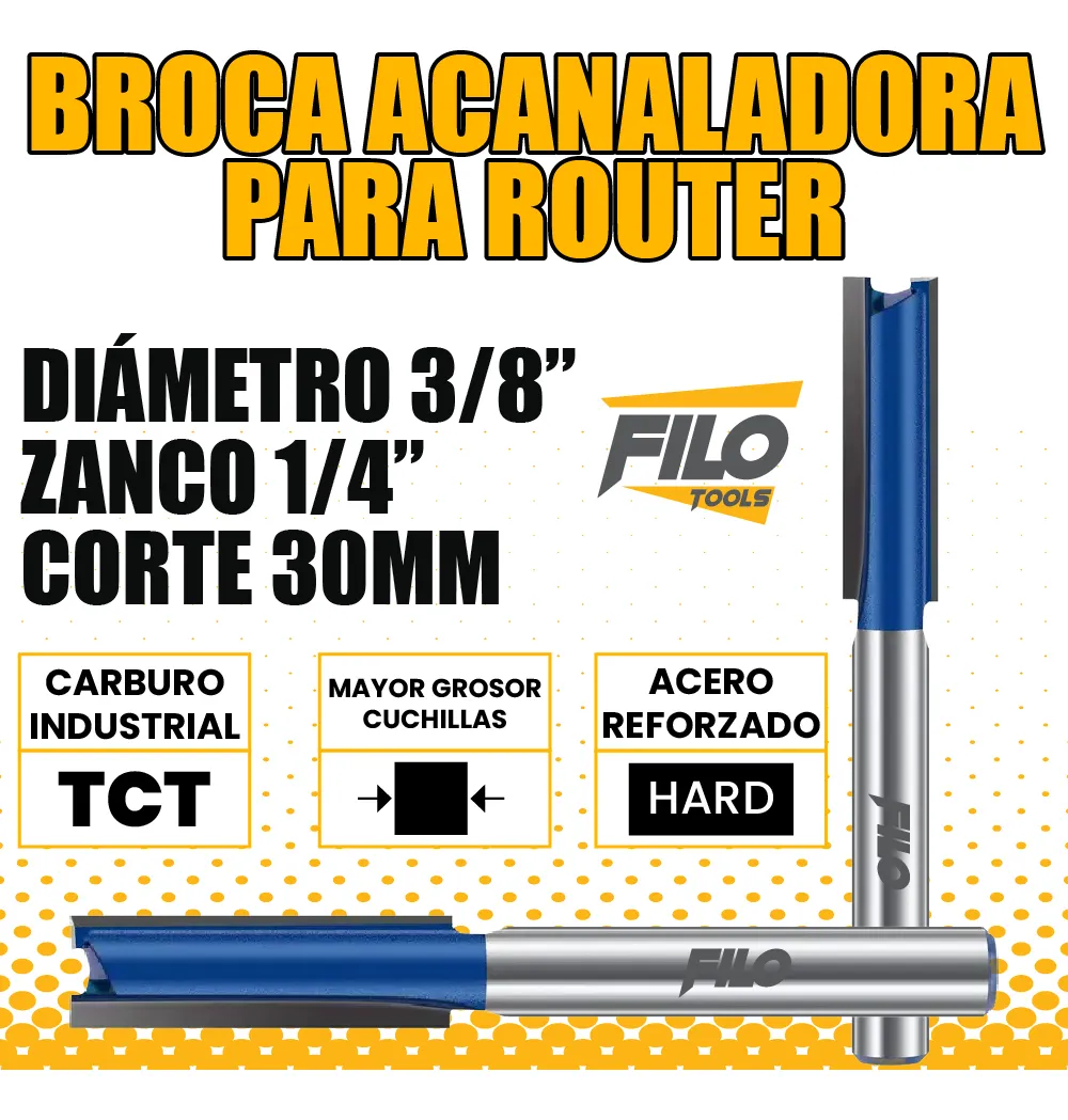 Broca Acanaladora Router Diámetro 3/8" Zanco 1/4" Corte 30 mm