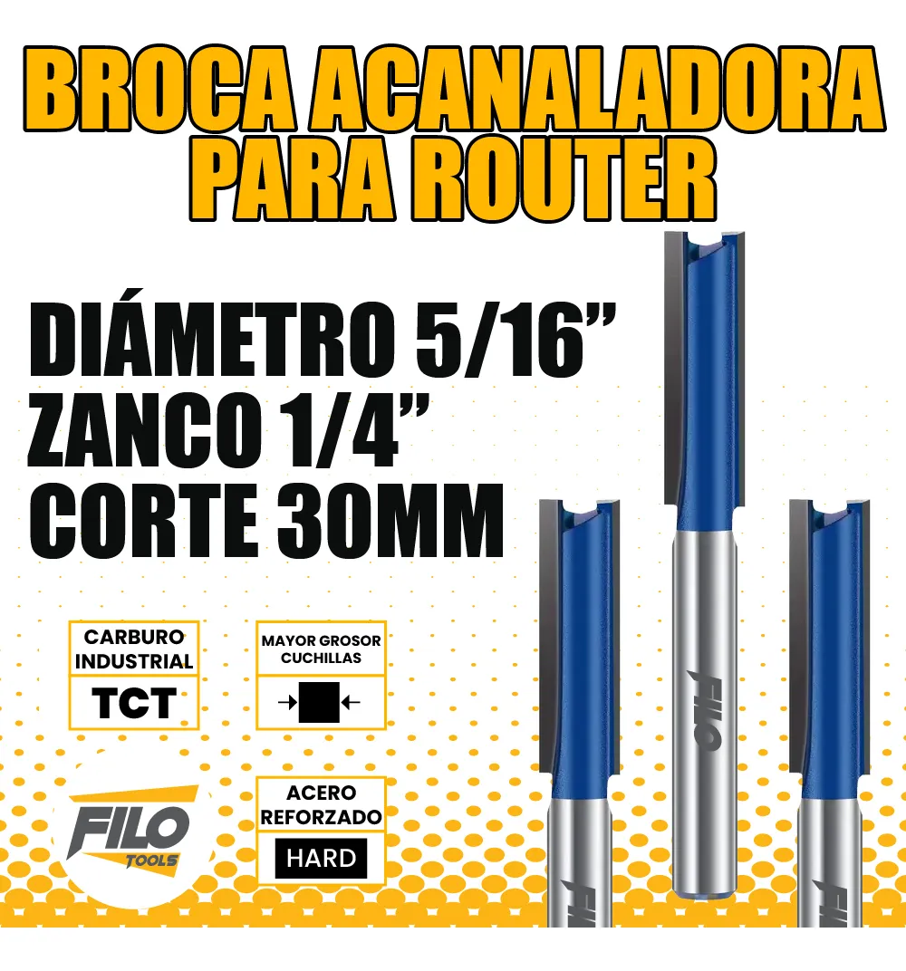 Broca Acanaladora Router Diámetro 5/16" Zanco 1/4" Corte 30 mm