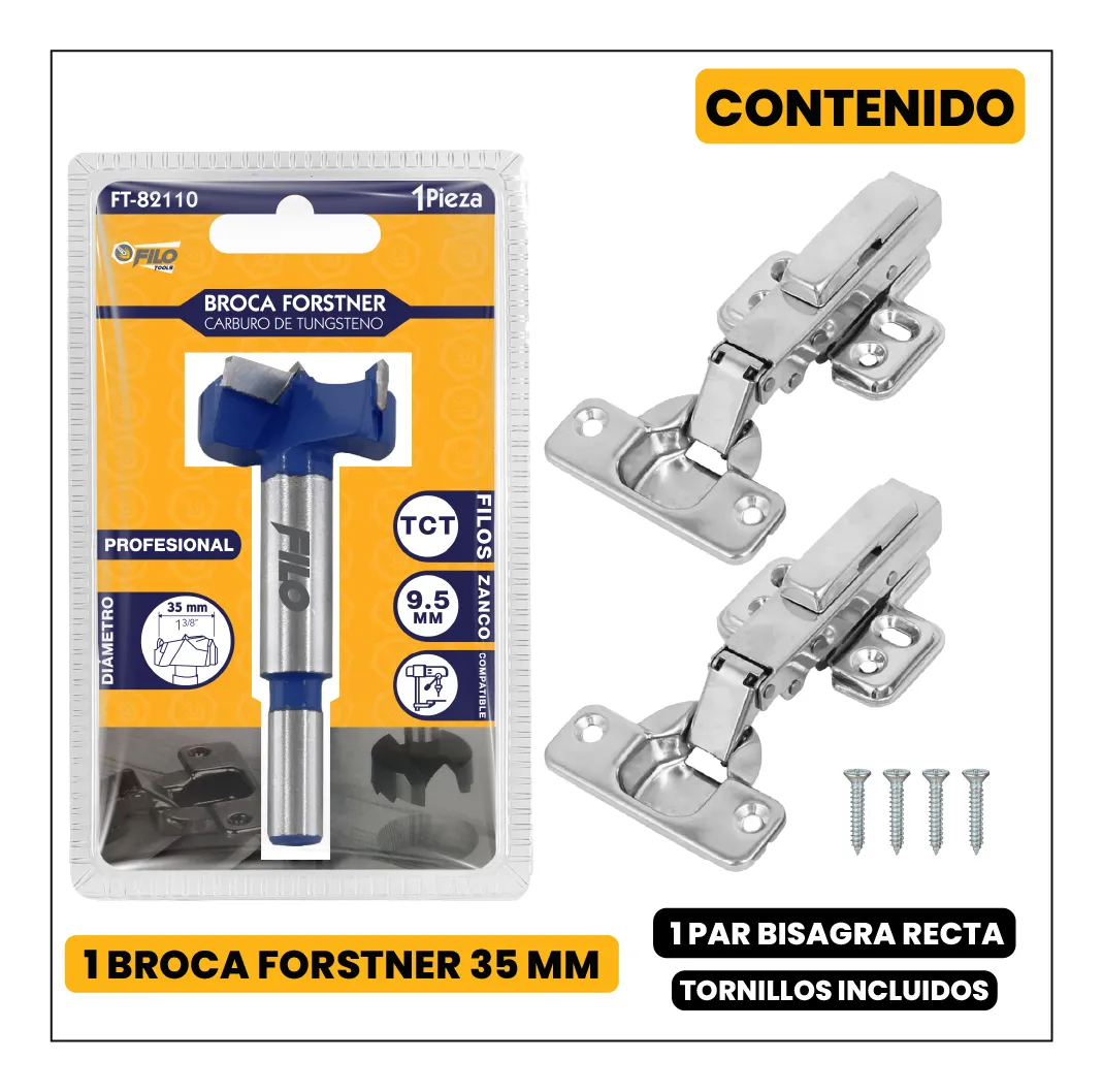 Broca Tipo Forstner Para Madera 35 mm Carburo De Tungsteno + 1 Pares Bisagra