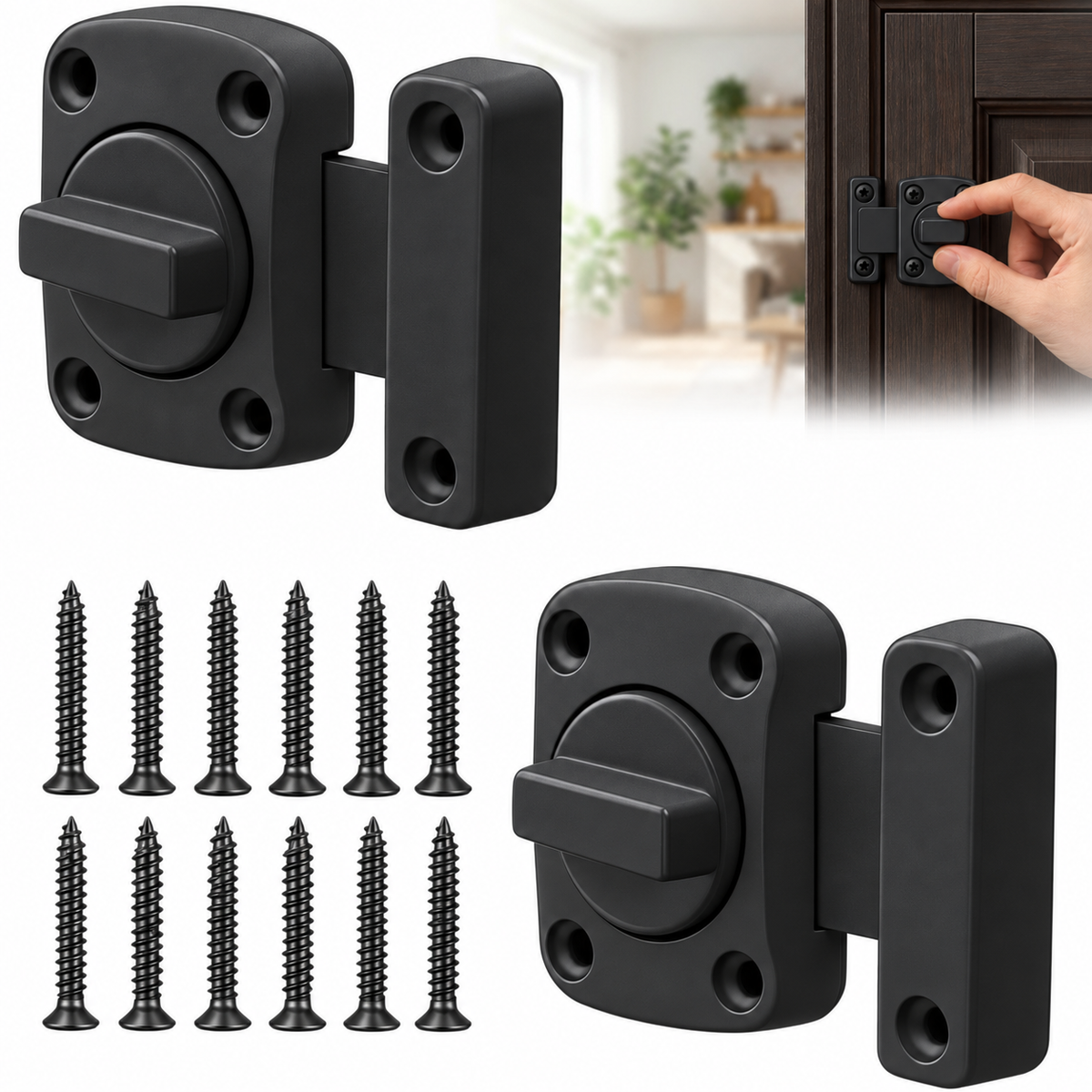 Pasador Cerrojo Giratorio De Seguridad Bidireccional 180° Negro Mate Con Tornillos
