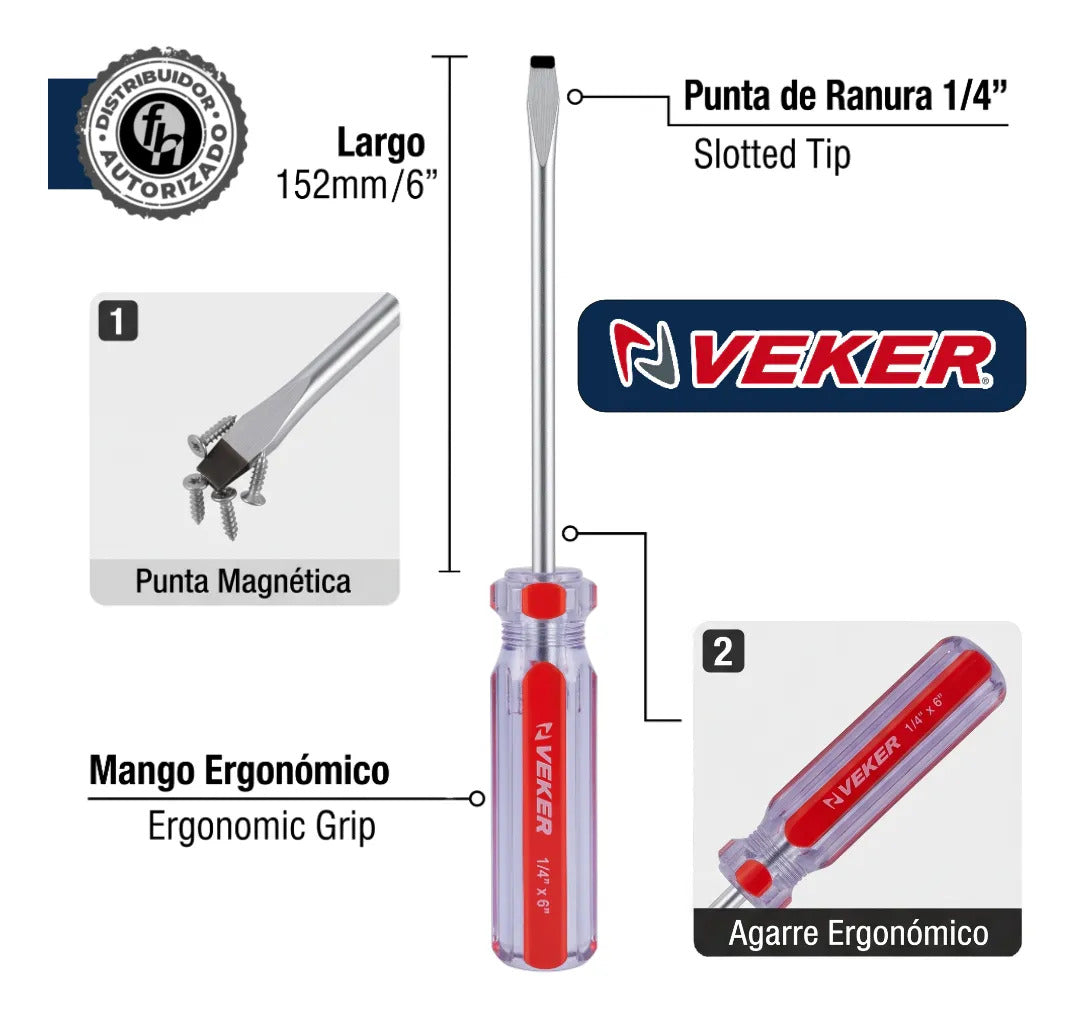 Desarmador Plano Magnético Mango PVC 1/4x6'' Veker 12209 Herramienta Multiusos Destornillador de Precisión Mango PVC Punta Magnética (Copia) (Copia) (Copia)
