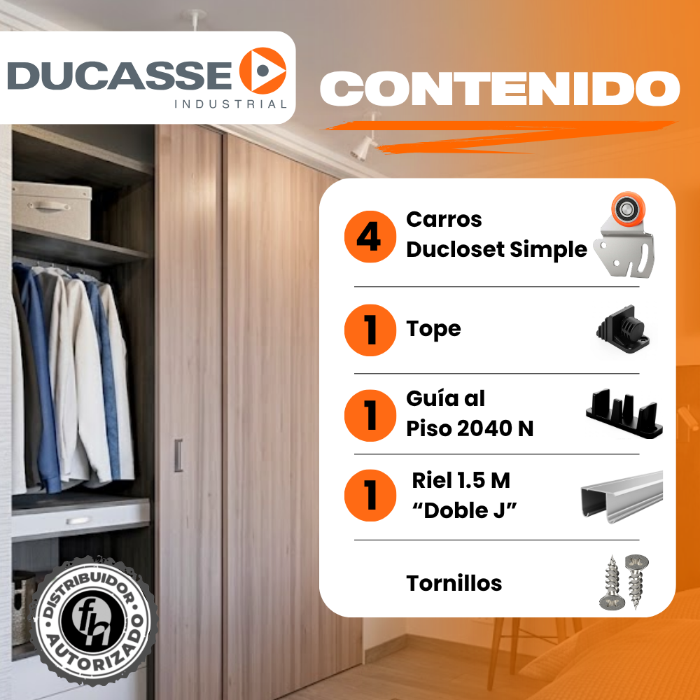Kit Sistema Corredizo Para Clóset Ducloset Simple Ducasse Con Riel Aluminio Doble J 1.5m