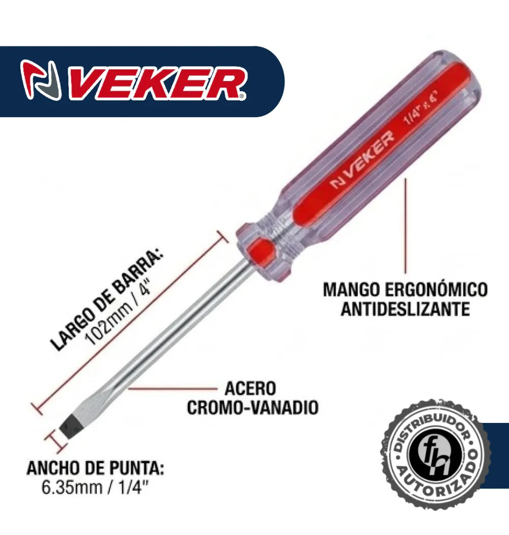 Desarmador Plano Magnético Mango PVC 1/4x4'' Veker 12208 Herramienta Multiusos Destornillador de Precisión Mango PVC Punta Magnética (Copia) (Copia)