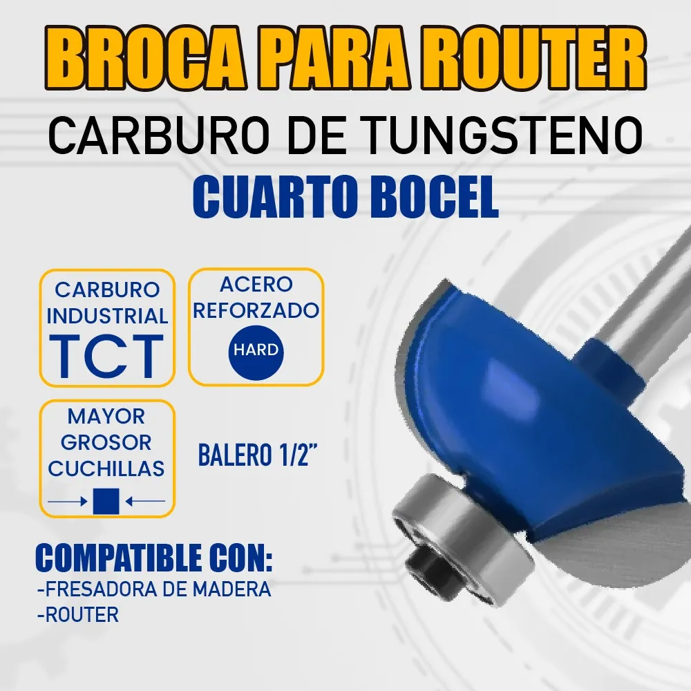 Broca Para Router 1 1/2'' Rebajadora de Madera Cuarto Bocel 1 Pieza