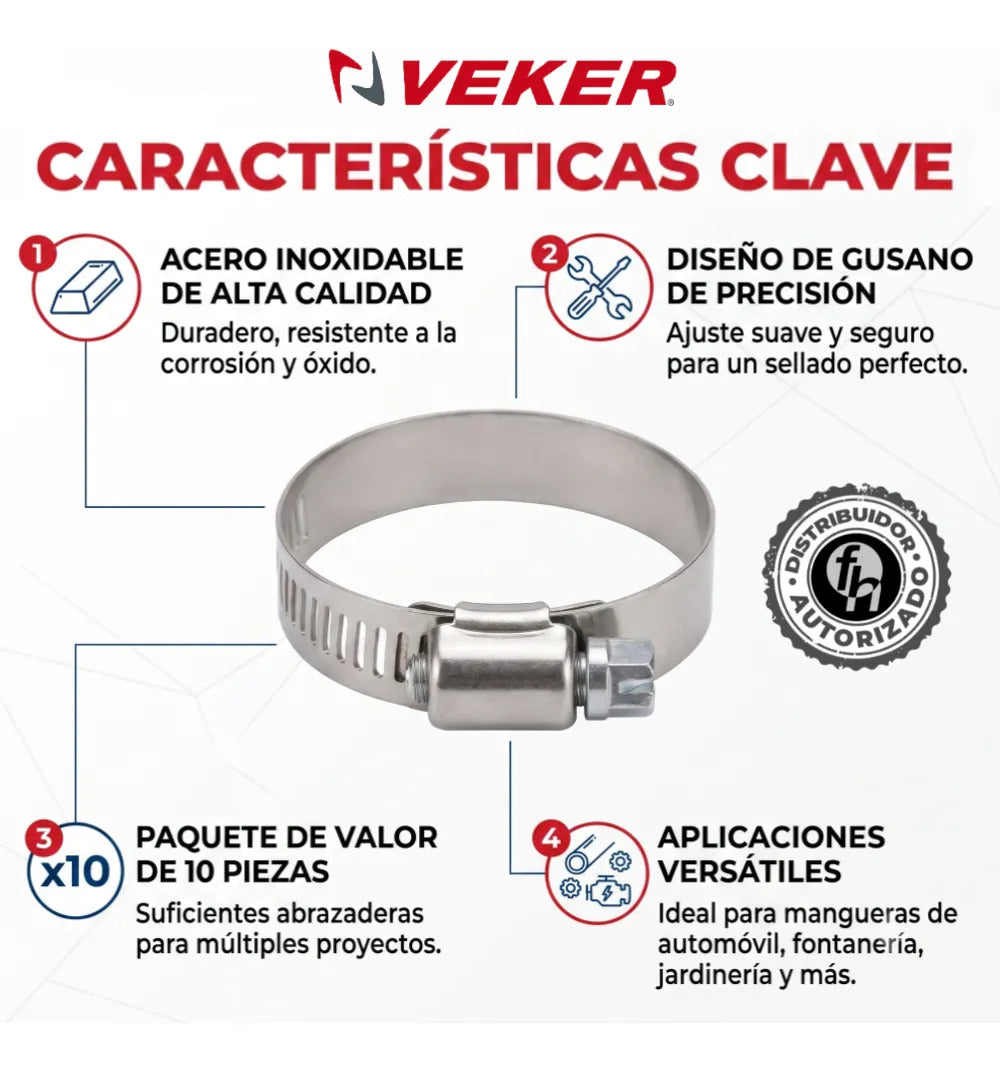 Abrazadera Reforzada 12590 Acero Inox 19-38mm Veker 10pzs