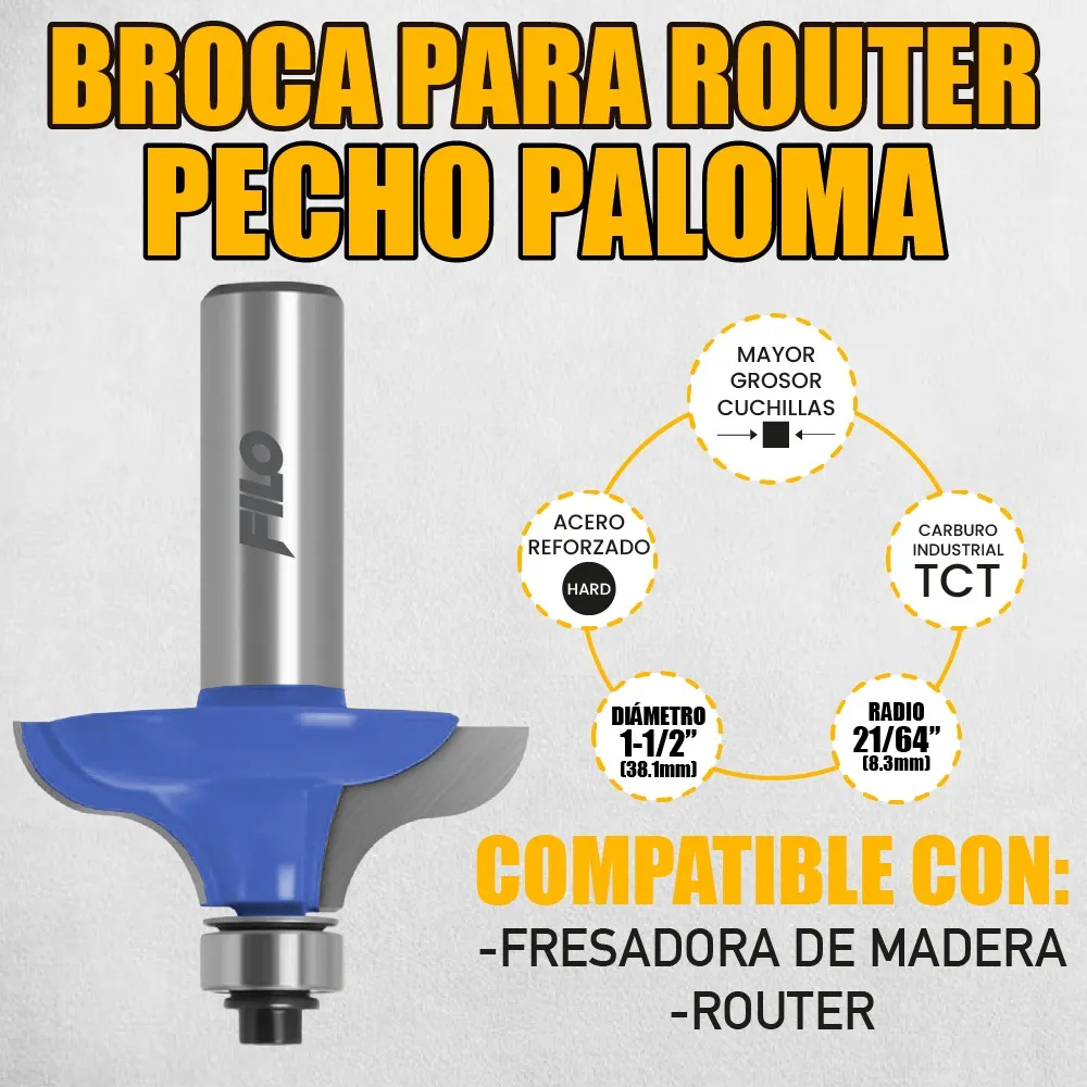 Broca Para Router 1 1/2'' Rebajadora de Madera Pecho Paloma con Balero 1 Pieza