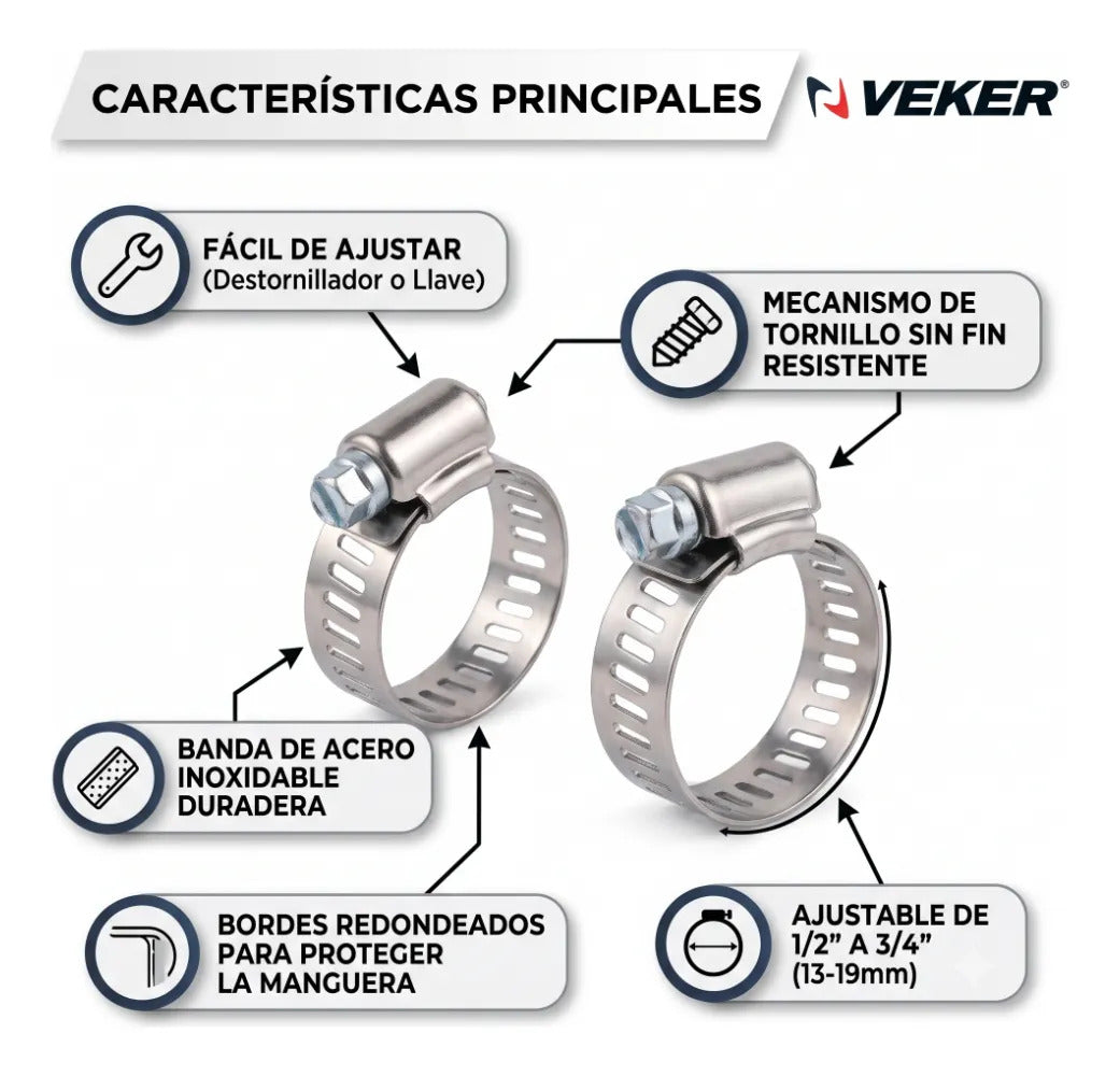 Abrazadera Reforzada 12585 Acero Inox 1/2 - 3/4 Veker 10pzs