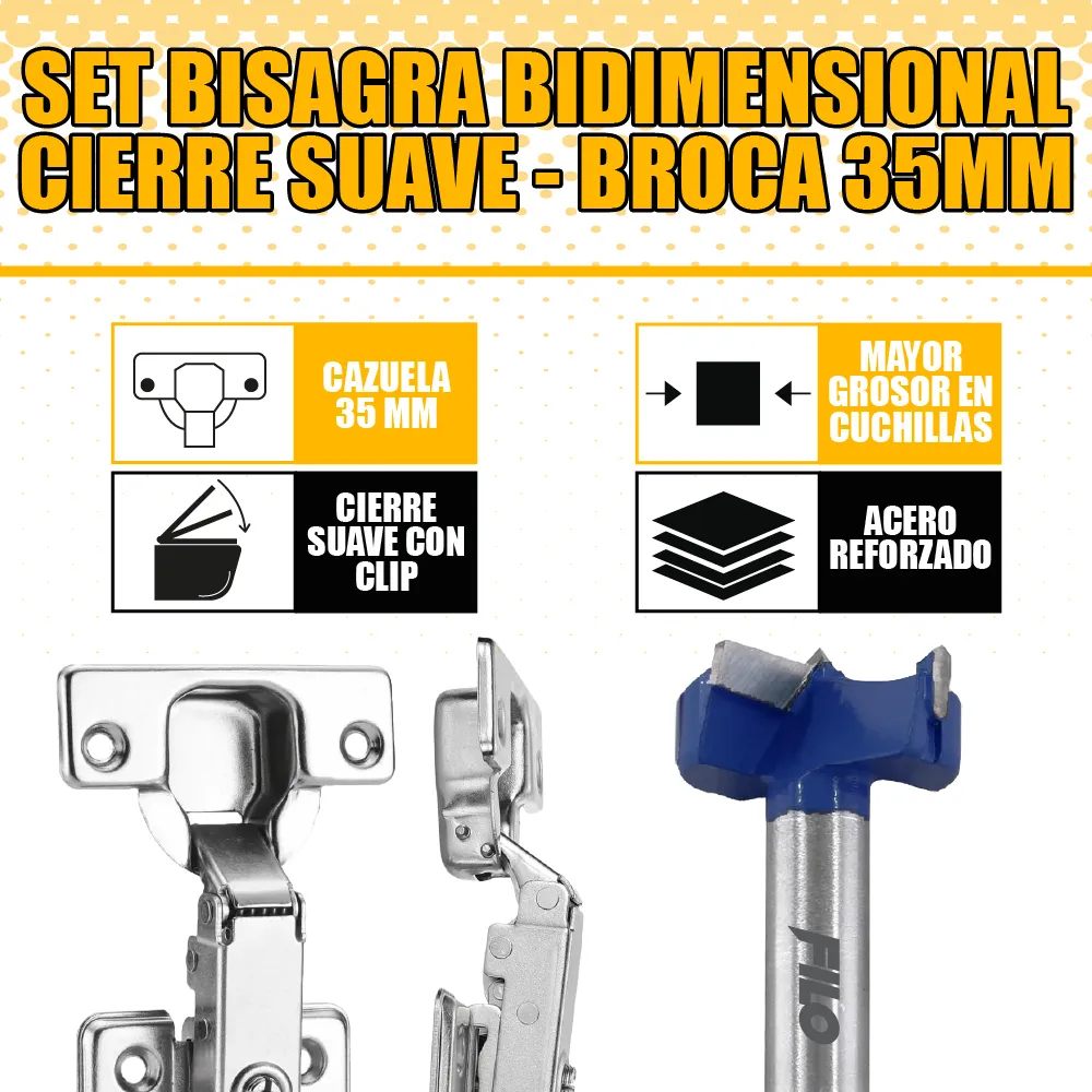 2 Pares Bisagra Bidimensional Cierre Suave 35 mm Recta con Broca Forstner