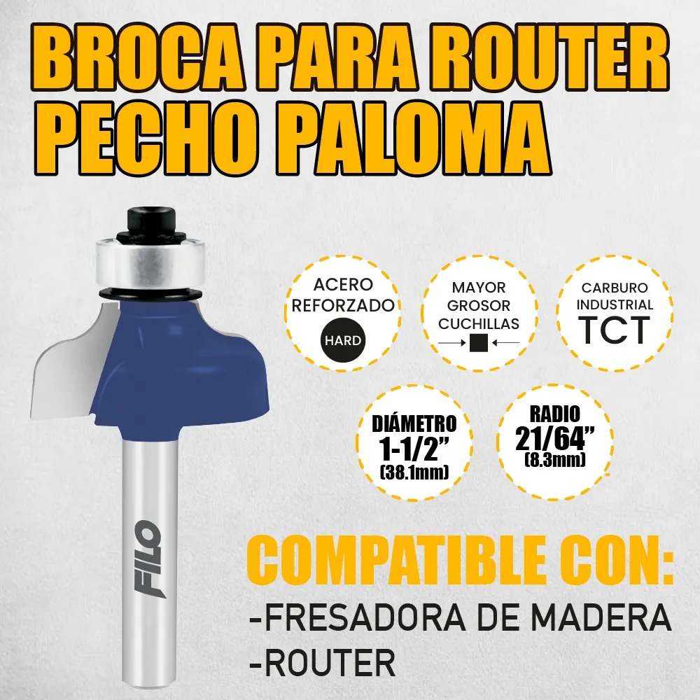 Broca Para Router 1 1/2'' Rebajadora de Madera Pecho Paloma con Balero 1 Pieza