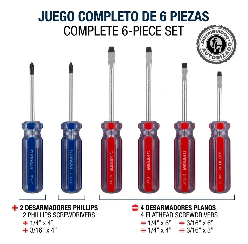 Juego Desarmadores 6pzs Mango Ergonómico 12218, Planos Y Phillips Herramienta Multiusos Destornillador de Precisión Mango PVC Punta Magnética (Copia)