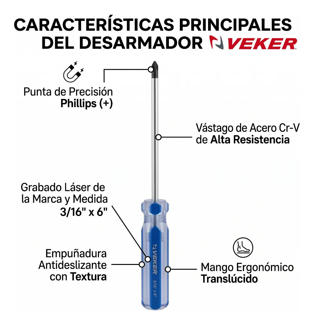 Desarmador De Cruz Magnético Mango PVC 3/16x6'' Veker 12213 Herramienta Multiusos Destornillador de Precisión Mango PVC Punta Magnética (Copia) (Copia) (Copia) (Copia) (Copia) (Copia) (Copia)