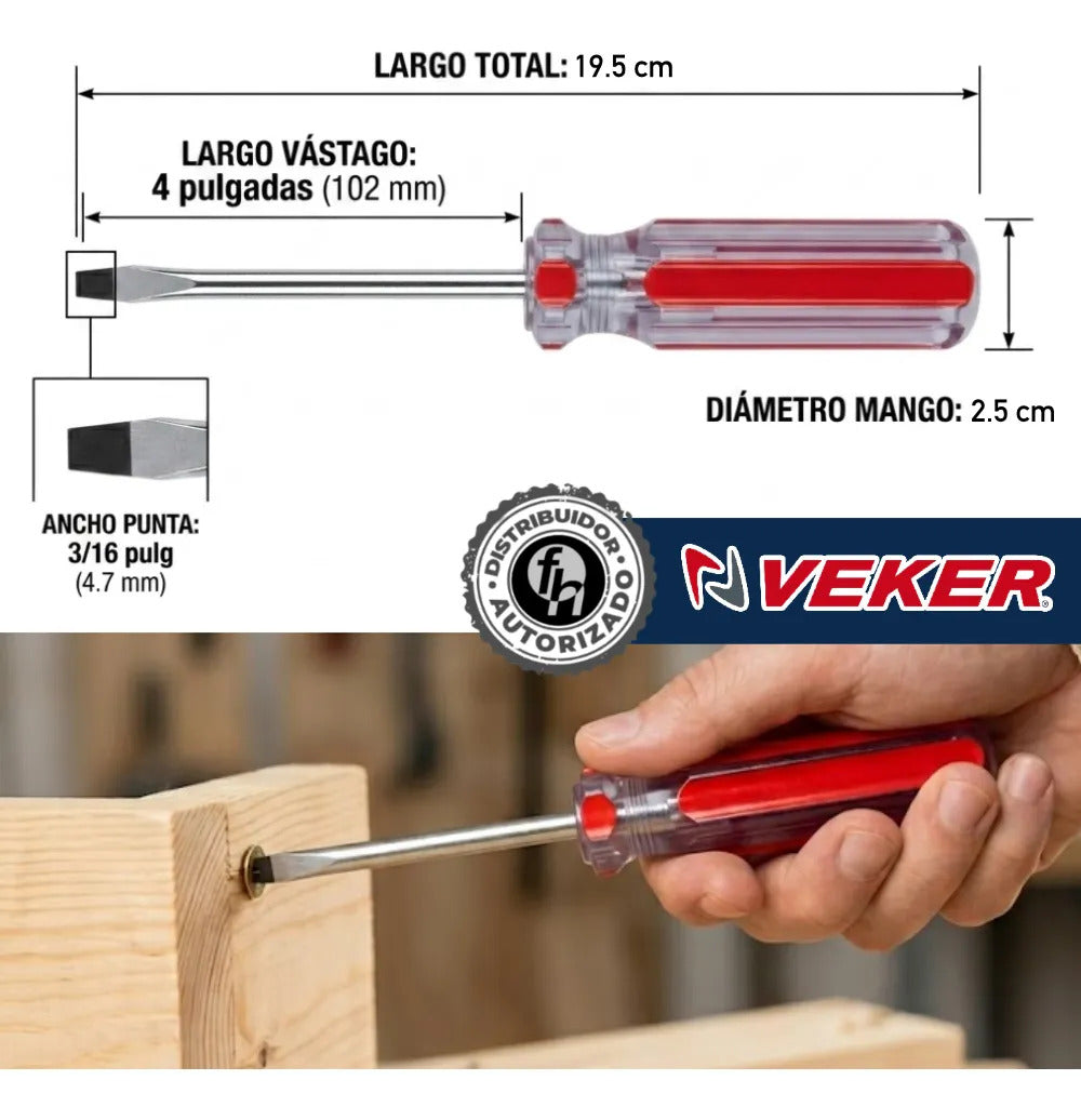 Desarmador Plano Magnético Mango PVC 3/16x4'' Veker 12206 Herramienta Multiusos Destornillador de Precisión Mango PVC Punta Magnética