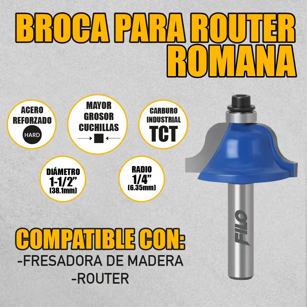 Broca Para Router 1 1/2'' Rebajadora de Madera Romana 1 Pieza