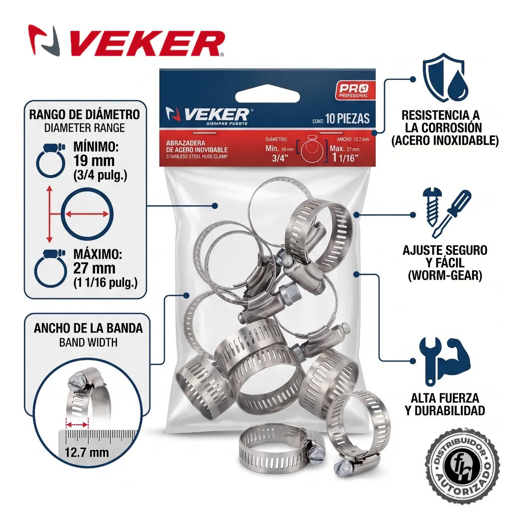 Abrazadera Reforzada 12588 Acero Inox 19 - 27mm Veker 10pzs