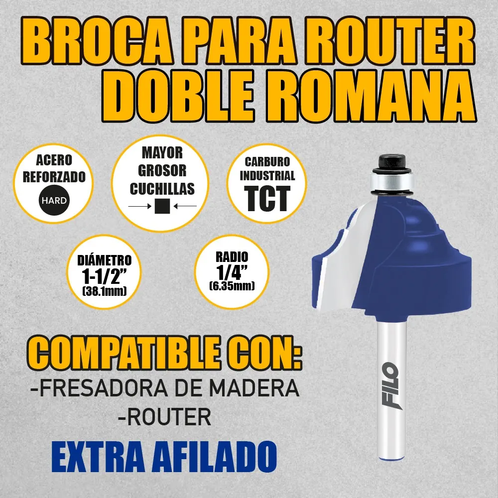 Broca Para Router 1 3/8'' Rebajadora de Madera Romana Doble 1 Pieza