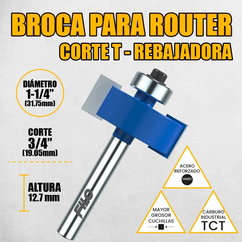 Broca Para Router Altura 12.7 mm Rebajadora de Madera Corte T 1 Pieza