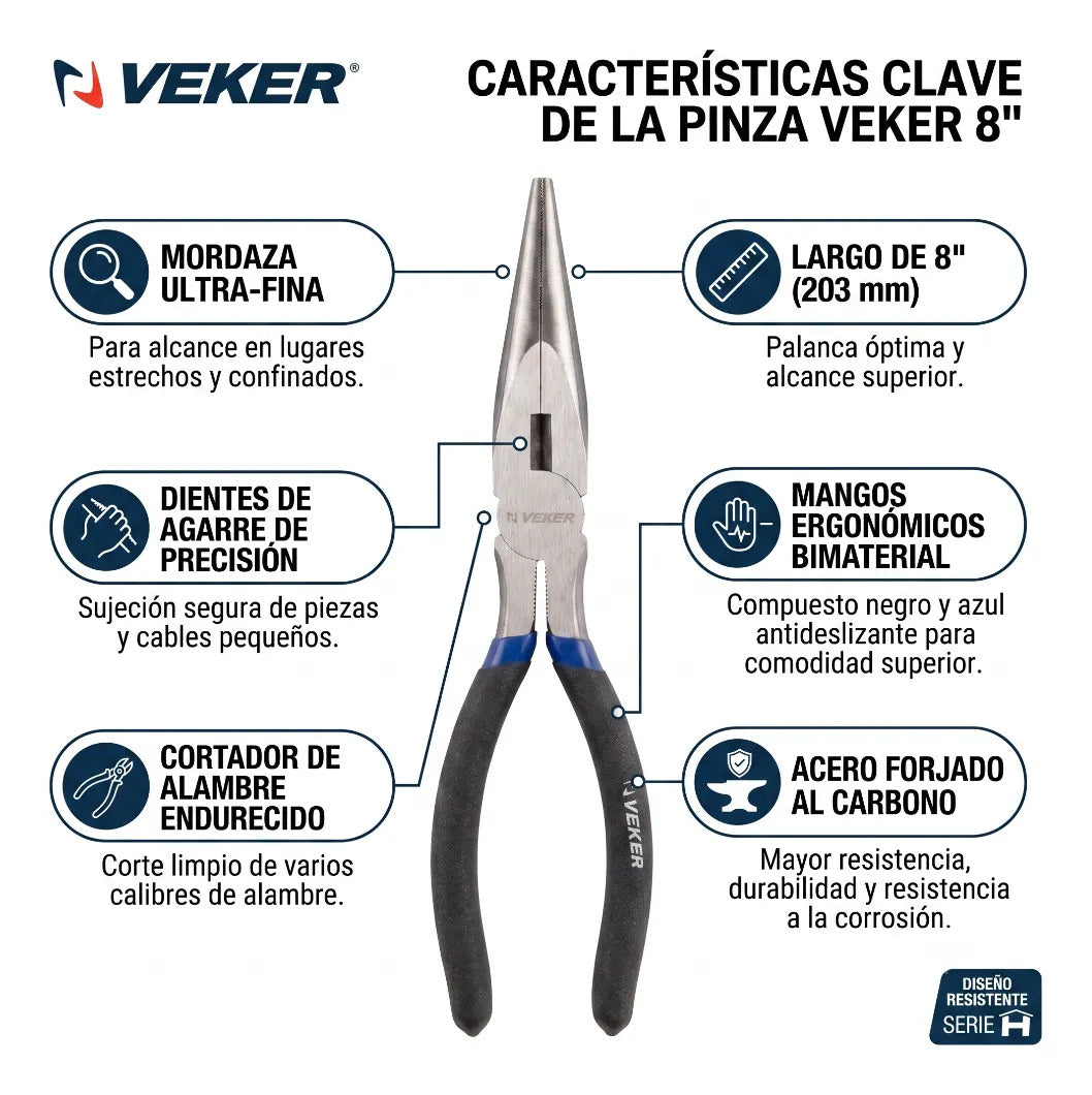 Pinza Punta Y Corte Multiusos Mango Aislado 8'' Veker 12672 Alicate De Punta