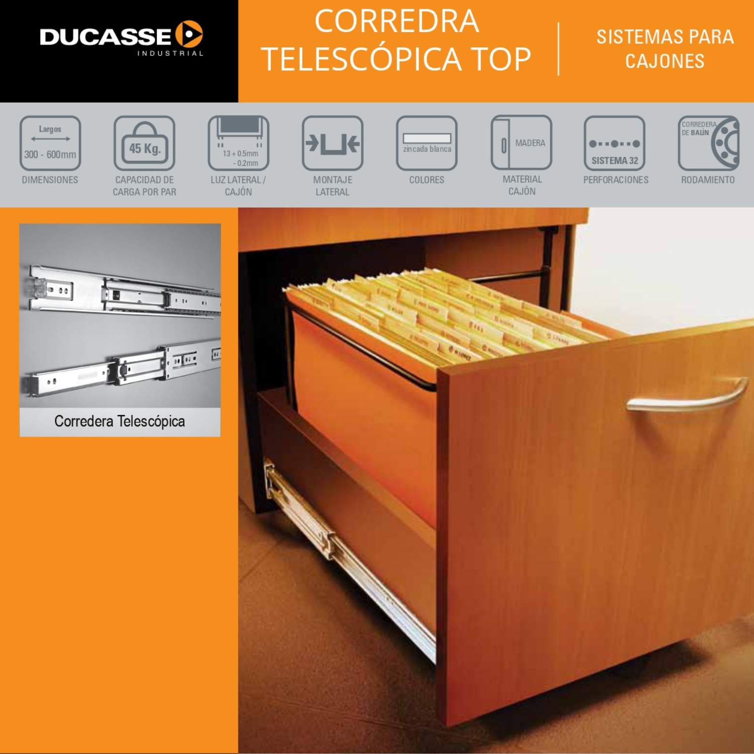 Corredera Telescópica STD 45 mm Extensión Total Ducasse