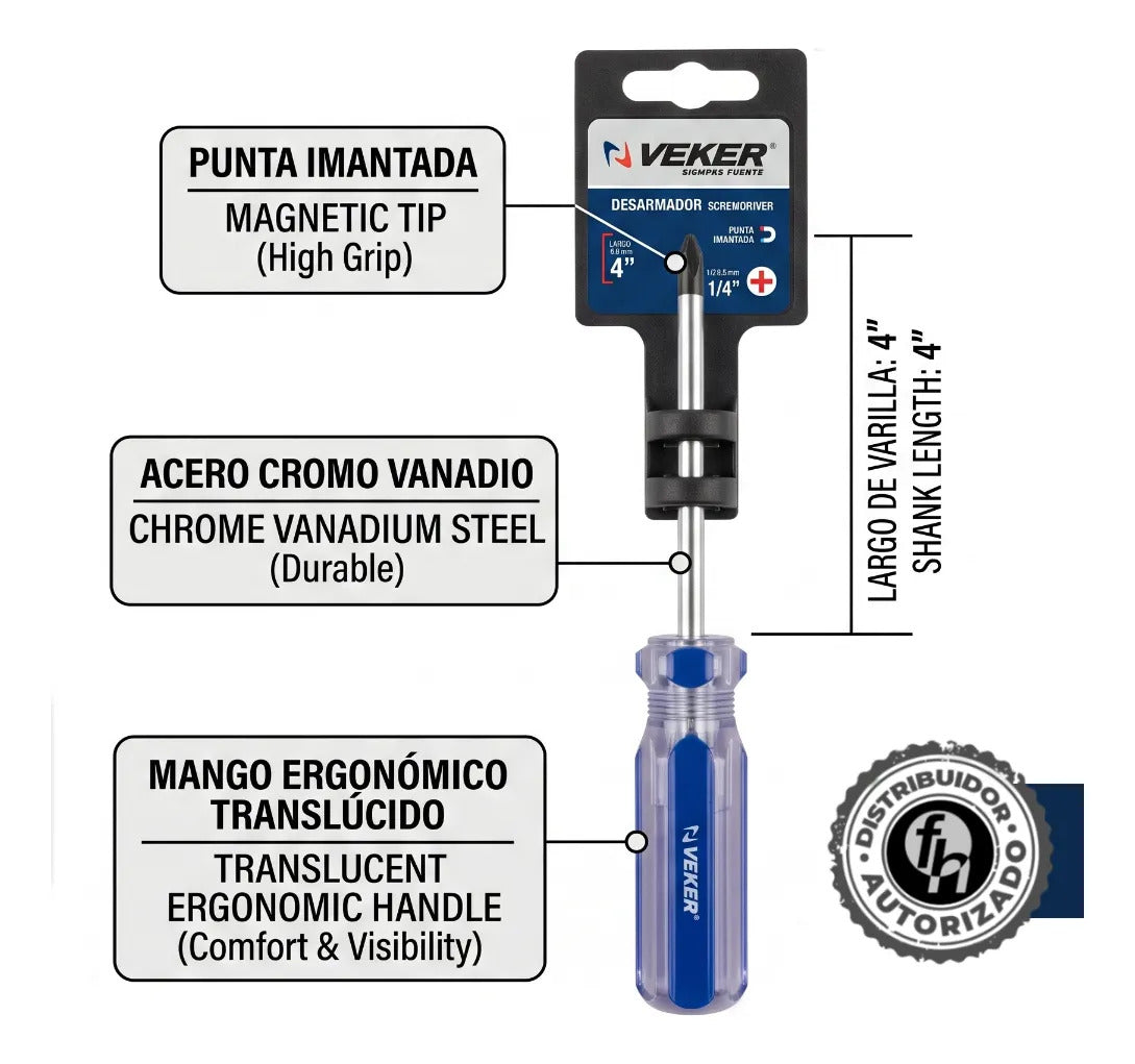 Desarmador De Cruz Magnético Mango PVC 1/4x4'' Veker 12210 Herramienta Multiusos Destornillador de Precisión Mango PVC Punta Magnética (Copia) (Copia) (Copia) (Copia)