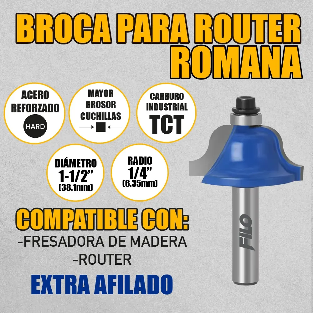Broca Para Router 1 1/2'' Rebajadora de Madera Romana 1 Pieza
