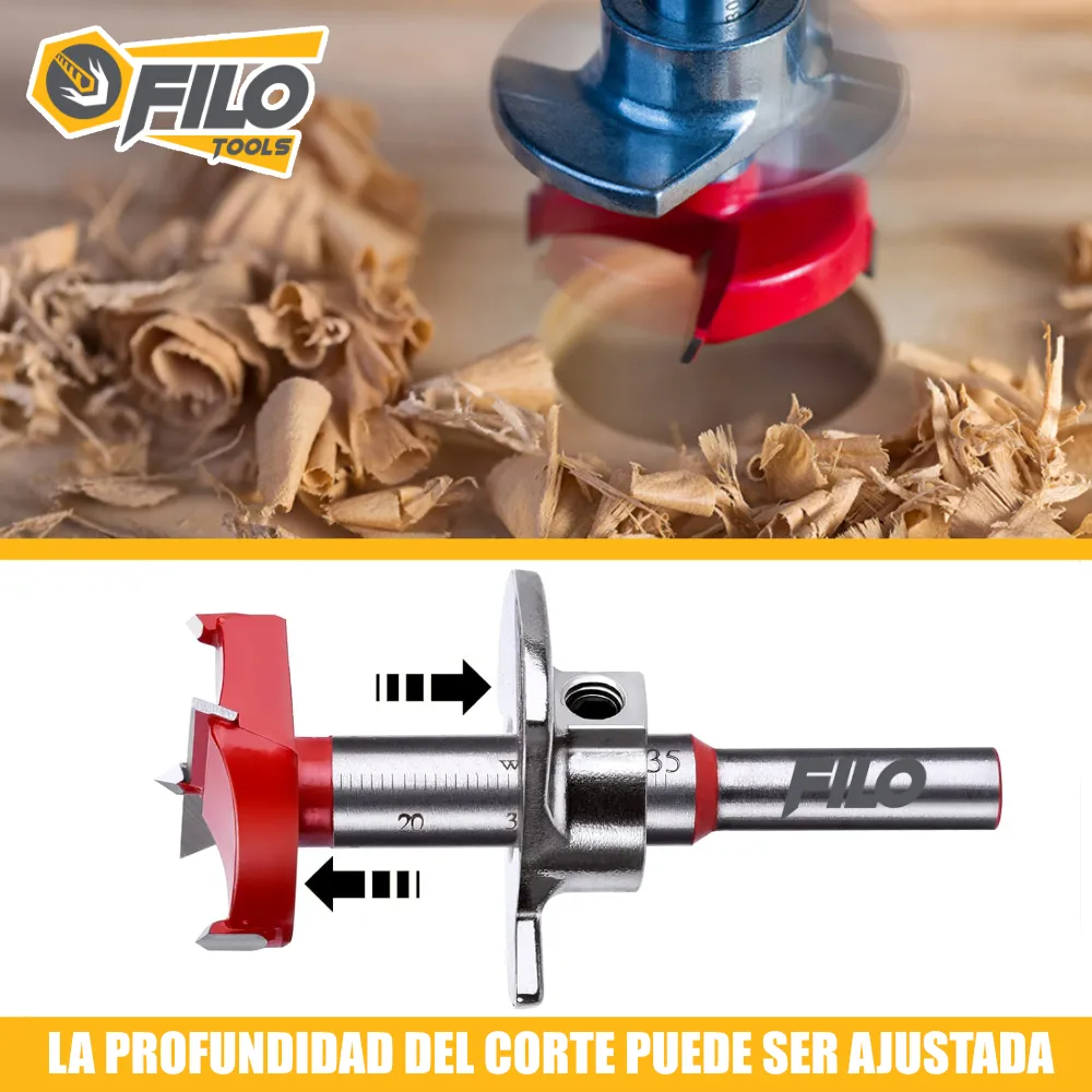 Broca Forstner 35 mm Para Madera Carburo De Tungsteno Con Tope Ajustable