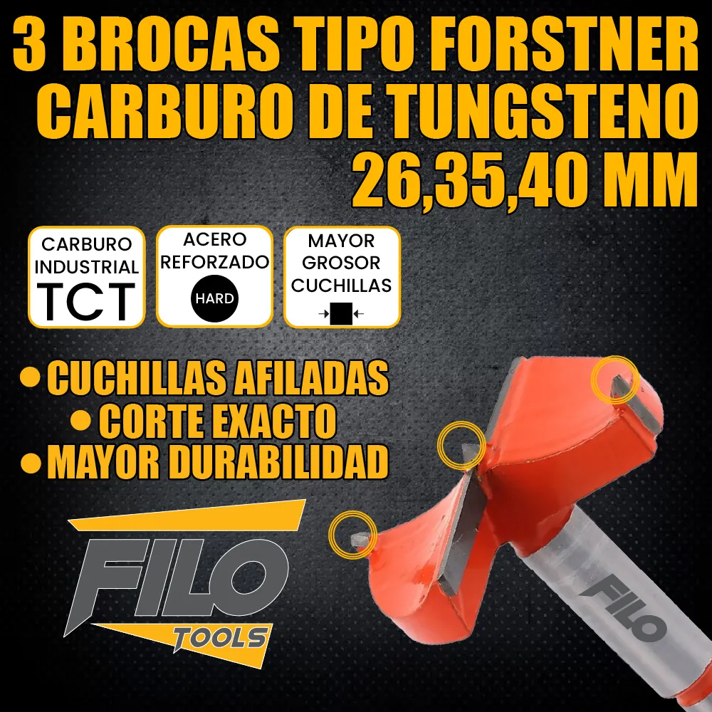 Set 3 Brocas Tipo Forstner Para Madera Carburo De Tungsteno 26, 35 y 40 mm