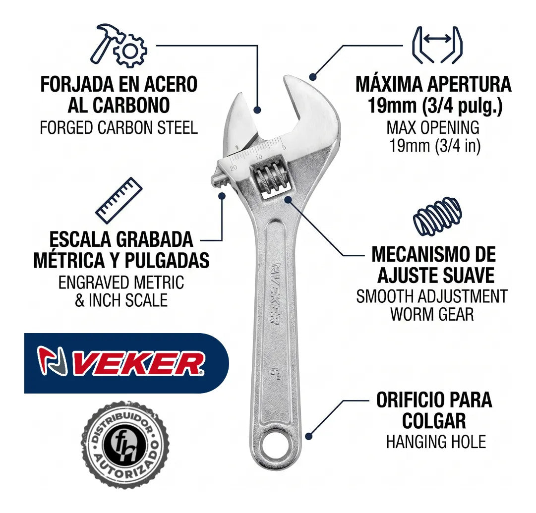 Llave Perico Ajustable 6 Pulgadas Pavonada Veker 12470