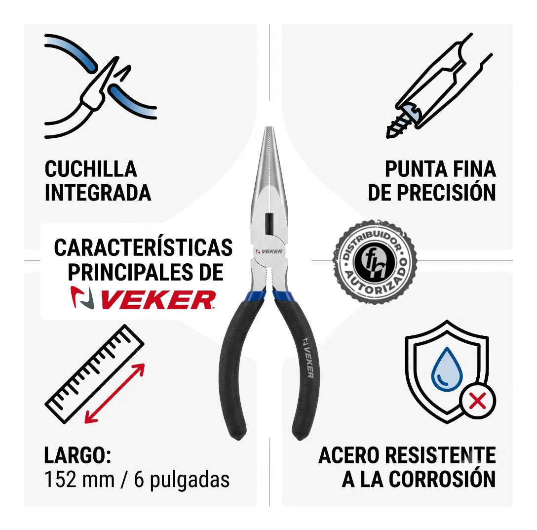 Pinza De Punta Y Corte Multiusos Mango Comfort 6'' Veker 12670 Alicate De Punta