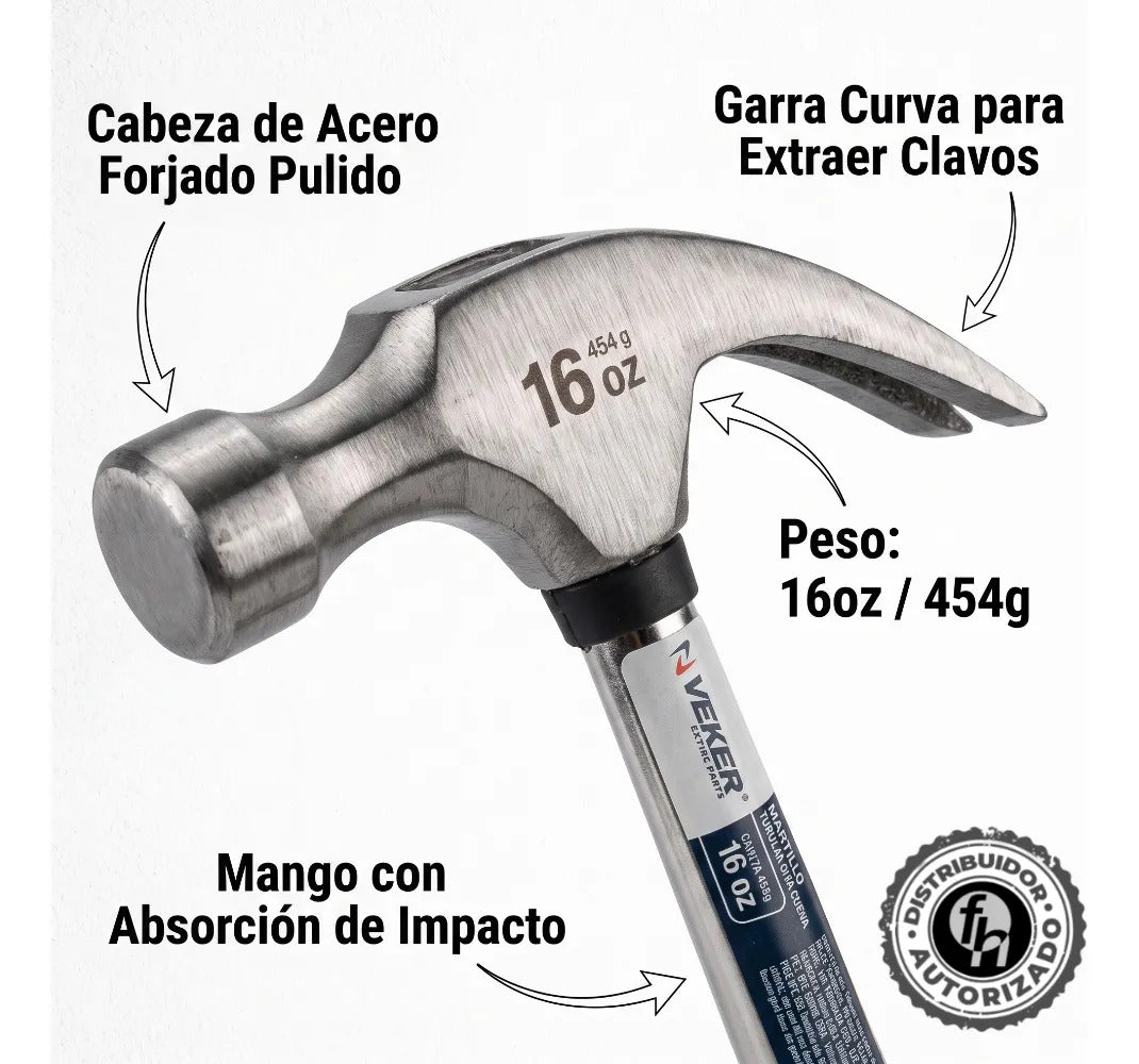 Martillo Uña Curva Pulido 16oz Mango Tubular  De Goma Ergonómico 33 cm Acero Veker 12315
