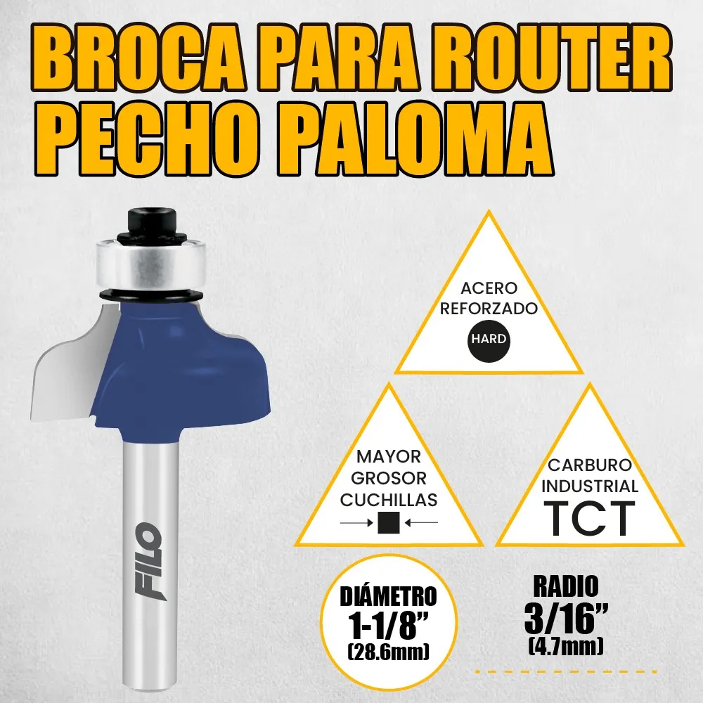 Broca Para Router 1 1/8'' Rebajadora de Madera Pecho Paloma con Balero 1 Pieza