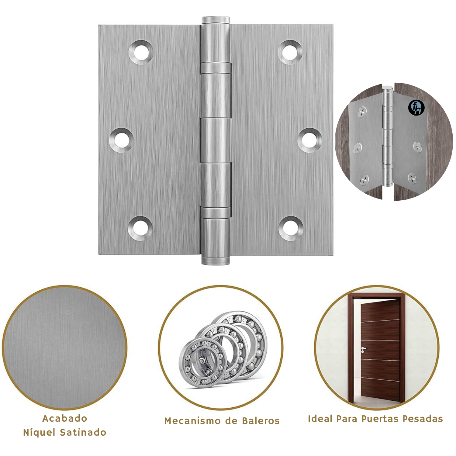 Bisagra 3x3'' Con Balero Para Puertas De Madera Níquel Satinado